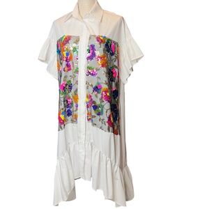 # A230   Nancy  Resort Chic  White Sequin Floral   Shirt Dress  NWT  S